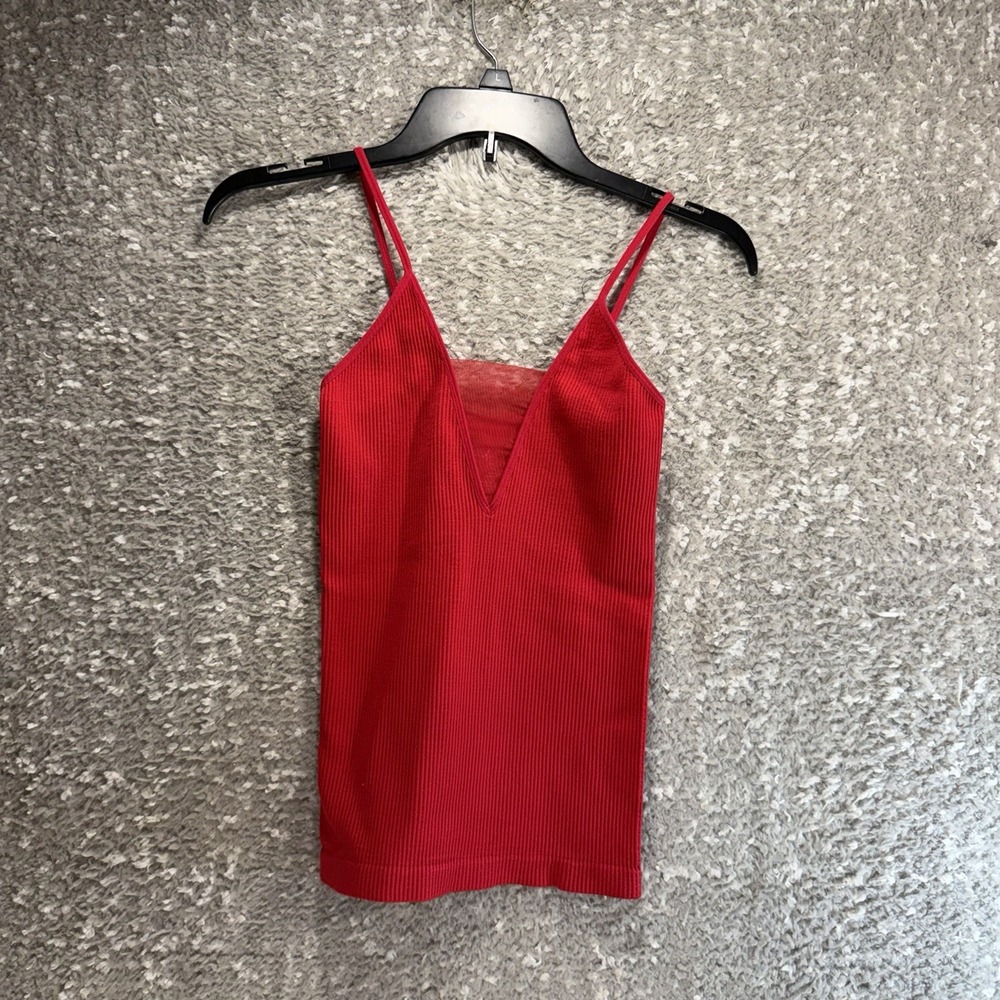 Free People Intimately Come Around Cami Ribbed Tank Red XS S Mesh V-Neck